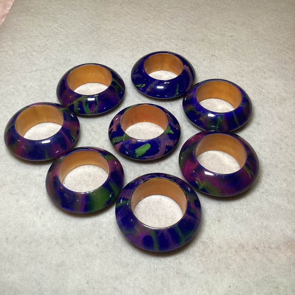 Vintage Purple Marbled Wood Napkin Rings Set of 8 Green Magenta Lacquer Swirl